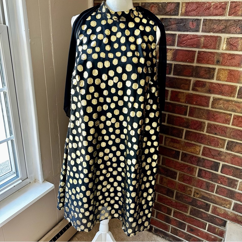 Robbie Bee Black Gold Polka Dot Midi Dress Sleeveless Scarf Bow Sheer Date Night